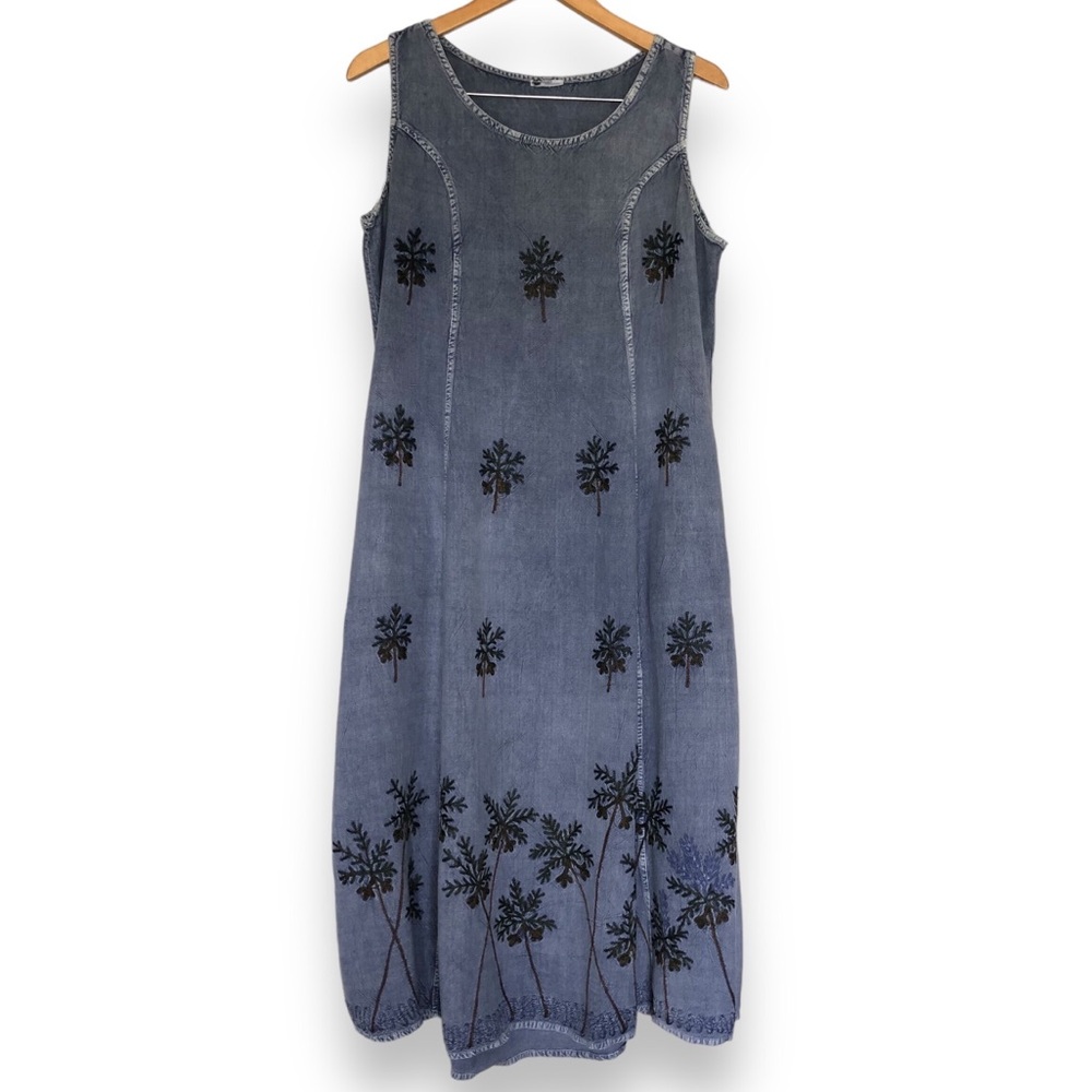 Vintage Denim Blue Maxi Dress with Black Tree Motif
